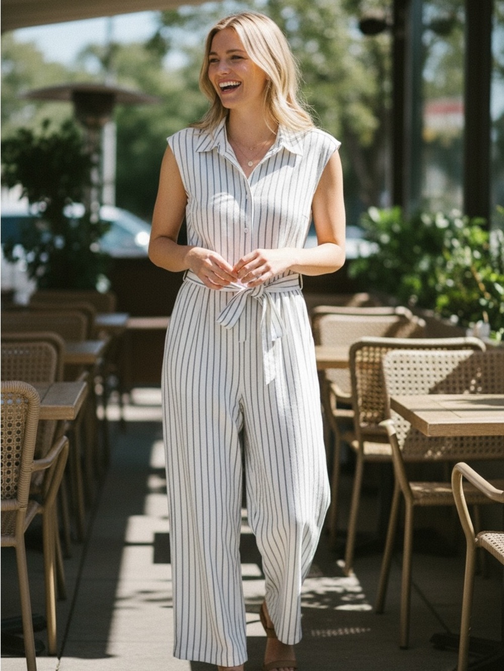 A New Day: Striped Tie-Waist Sleeveless Jumpsuit